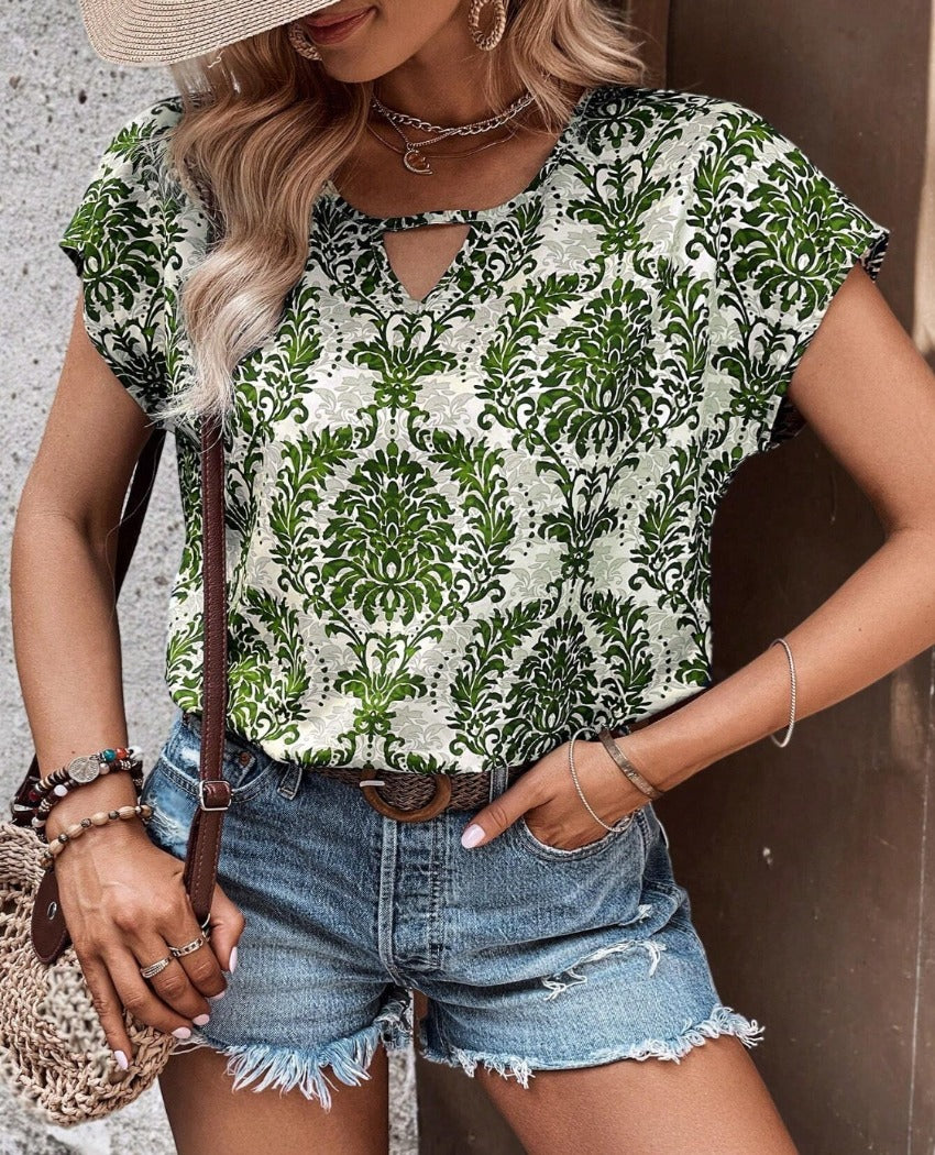 Elevate your style with our Printed Short Sleeve Blouse - available in blue, green, taupe. Perfect blend of comfort & chic fashion.