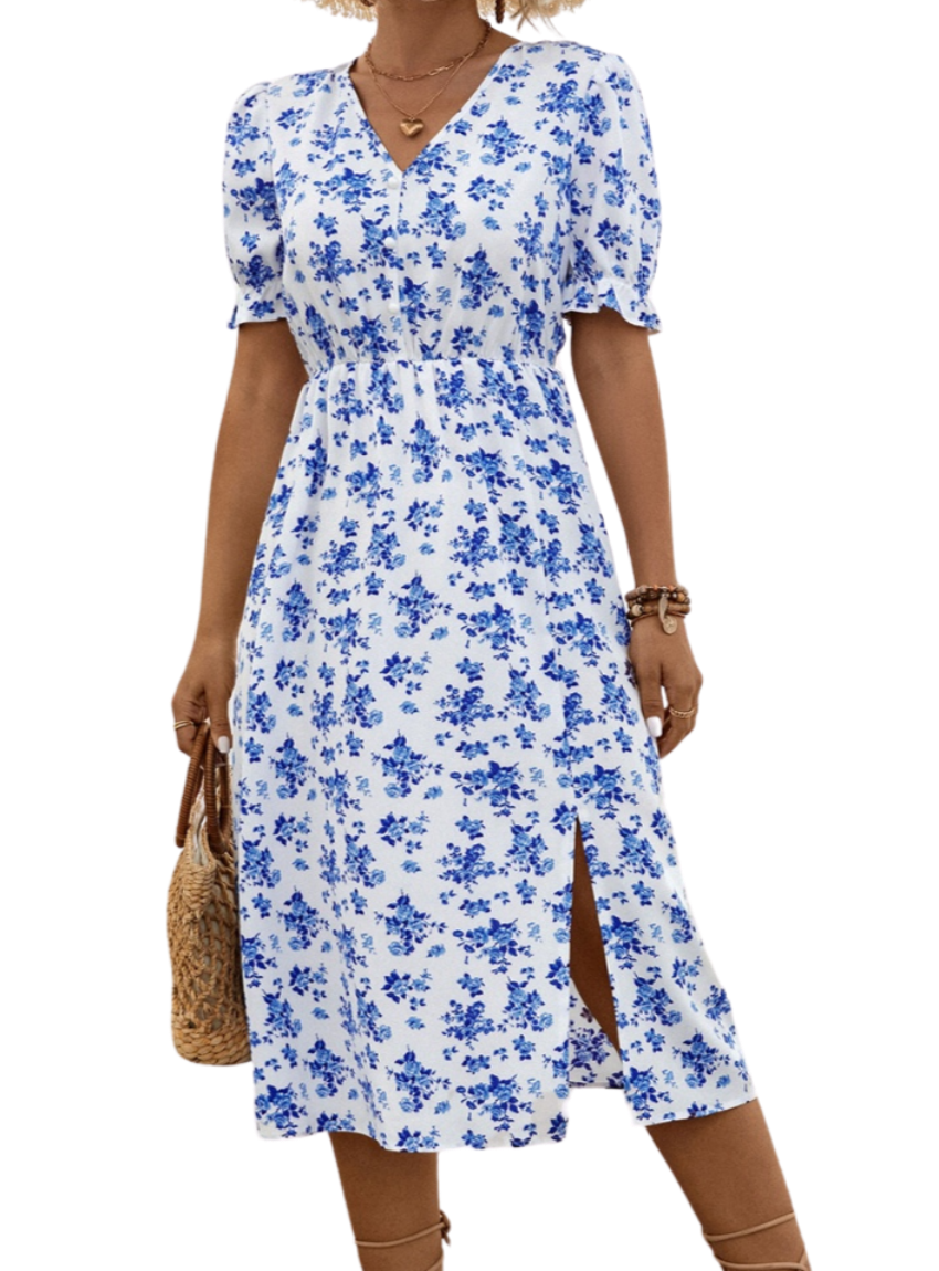 V-Neck Floral Midi Length Short Sleeve Dress with Slit