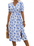 V-Neck Floral Midi Length Short Sleeve Dress with Slit
