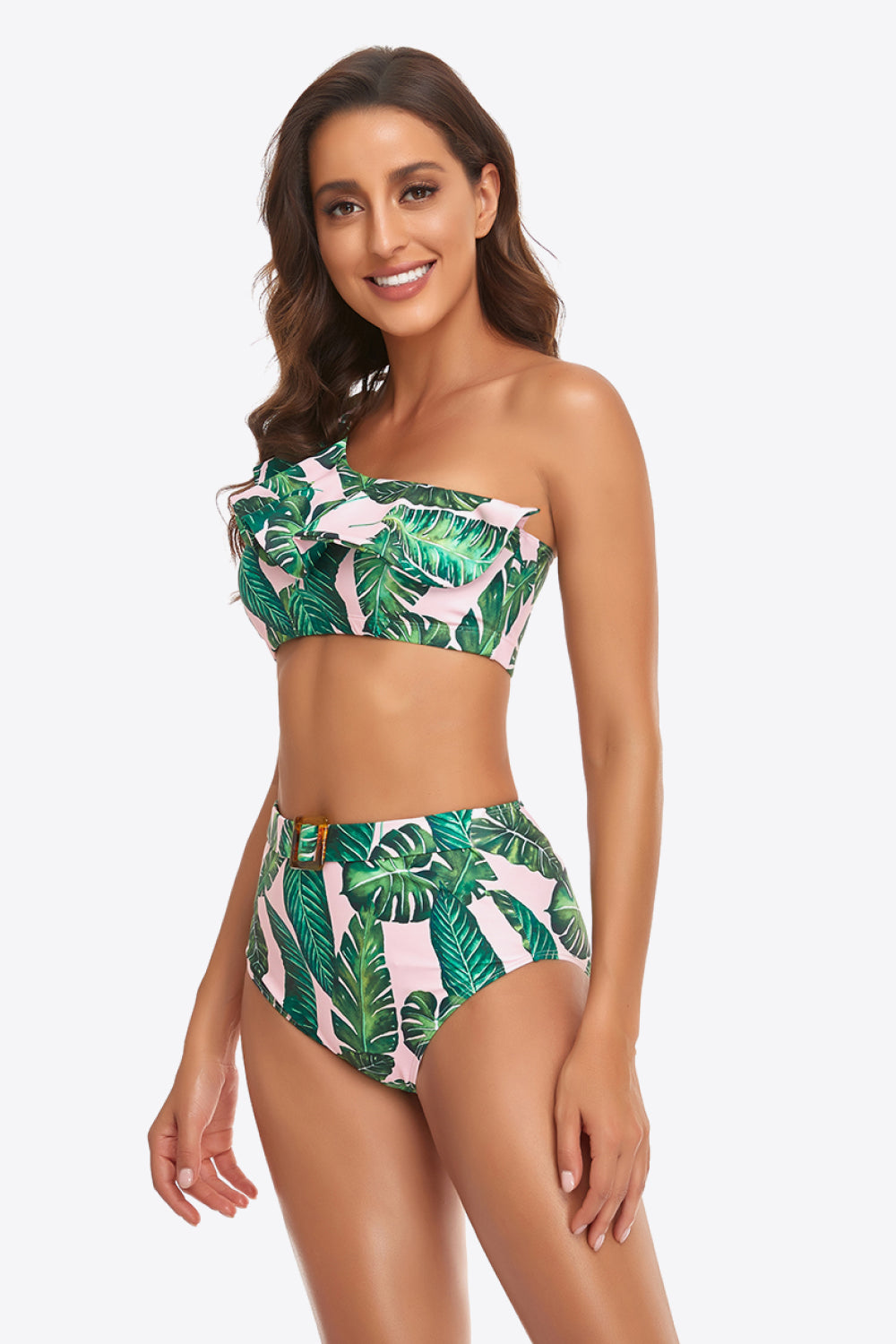 Tropical ruffled one shoulder bikini set with a chic buckle. Flattering, high-waisted, available in 4 colors. Perfect for a stylish summer.