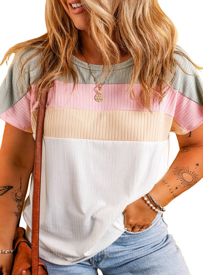 Plus size short-sleeve ribbed fabric color block tee in pastel shades