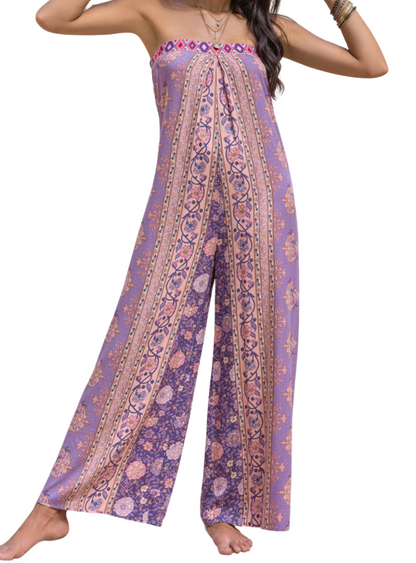 Embrace summer with our Printed Tube Wide Leg Jumpsuit. Perfect for any occasion, available in lilac, black, and camel. Shop now for effortless style!