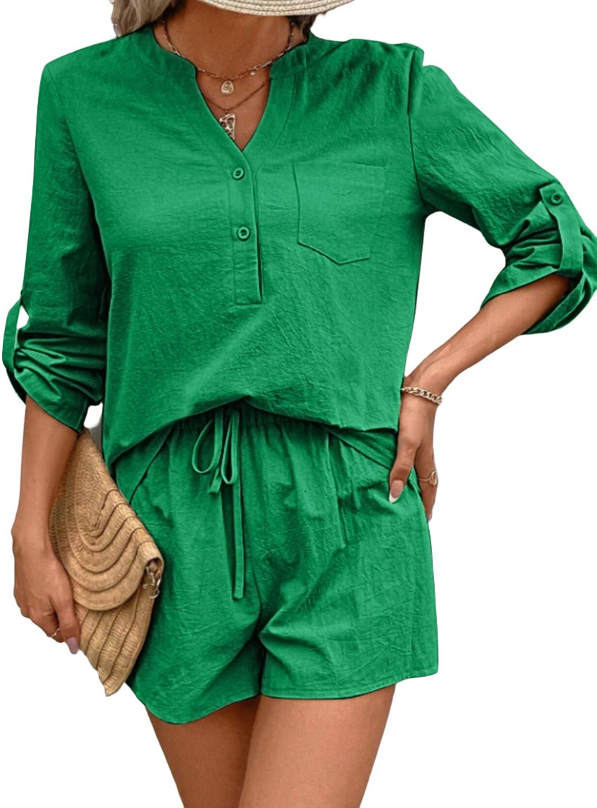 Chic Notched Top & Shorts Set in sand, green, black, pink. Perfect blend of style, comfort, & versatility for every occasion.