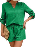 Chic Notched Top & Shorts Set in sand, green, black, pink. Perfect blend of style, comfort, & versatility for every occasion.