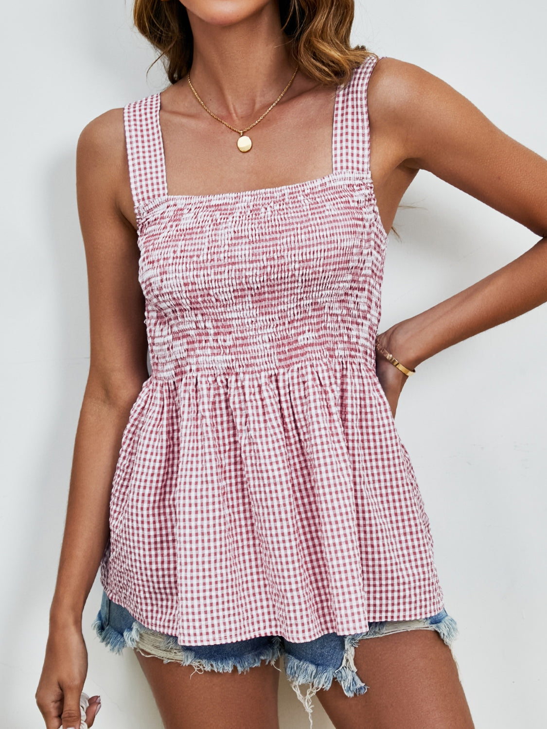Red gingham peplum top with wide straps
