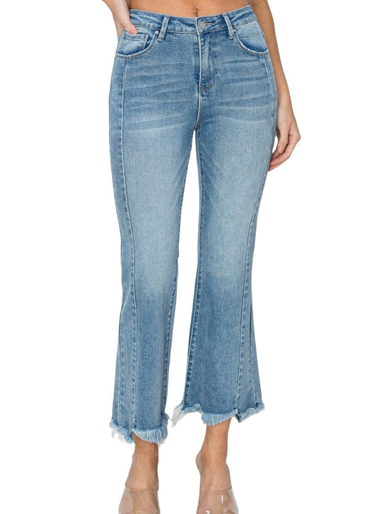 RISEN Cropped Frayed Hem High Rise Flare Jeans