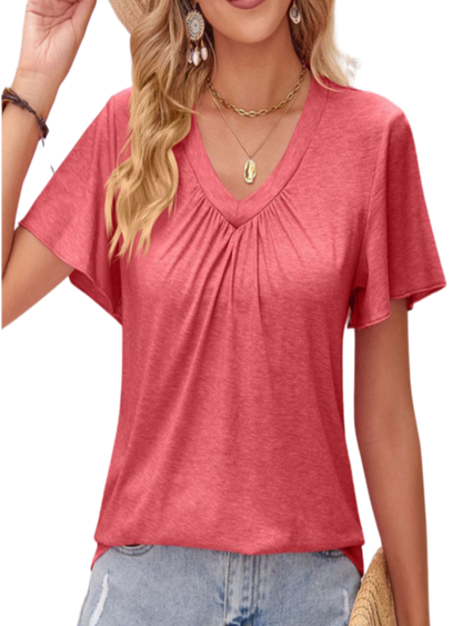 Shop the Double Take V-Neck Tee in blush, black, or fuchsia. Flattering fit, breathable fabric, and versatile for any casual occasion.