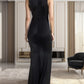 High Neck Sleeveless Sequin Detail Formal Dress with Ruching and Slit in Front