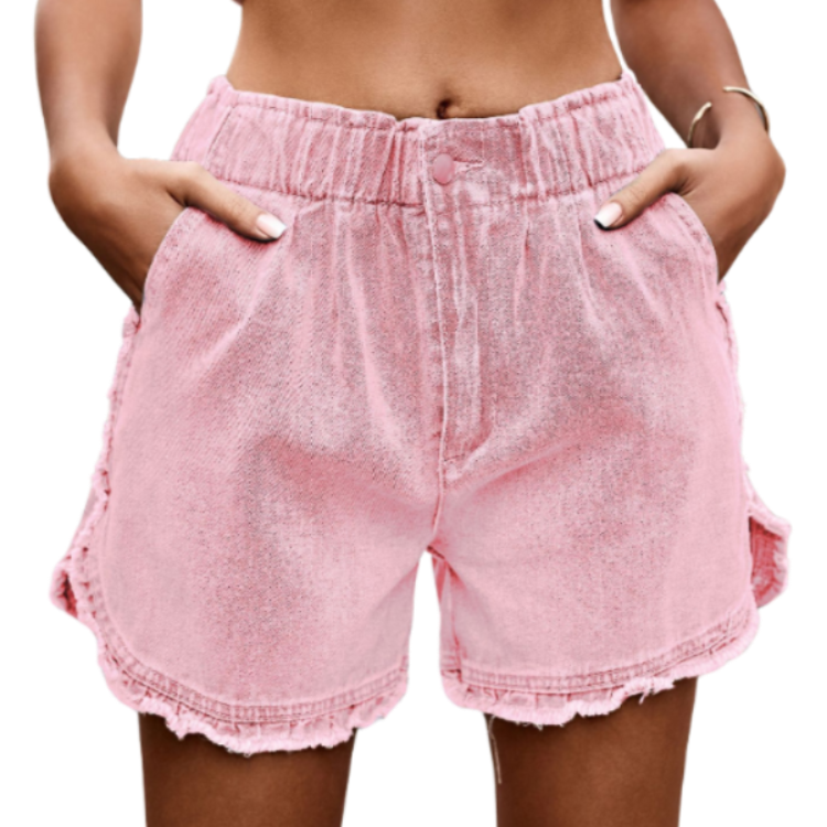 Shop the latest Elastic Waist Raw Hem Denim Shorts in pink or blue. Perfect blend of style, comfort, and versatility for your summer wardrobe!