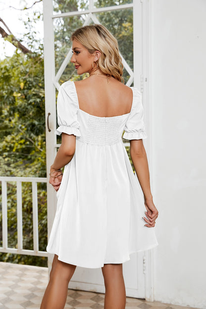 Chic Ruched Mini Dress with flounce sleeves in white, black, green, and red. Perfect for any event, it's versatile, comfy, and effortlessly stylish.