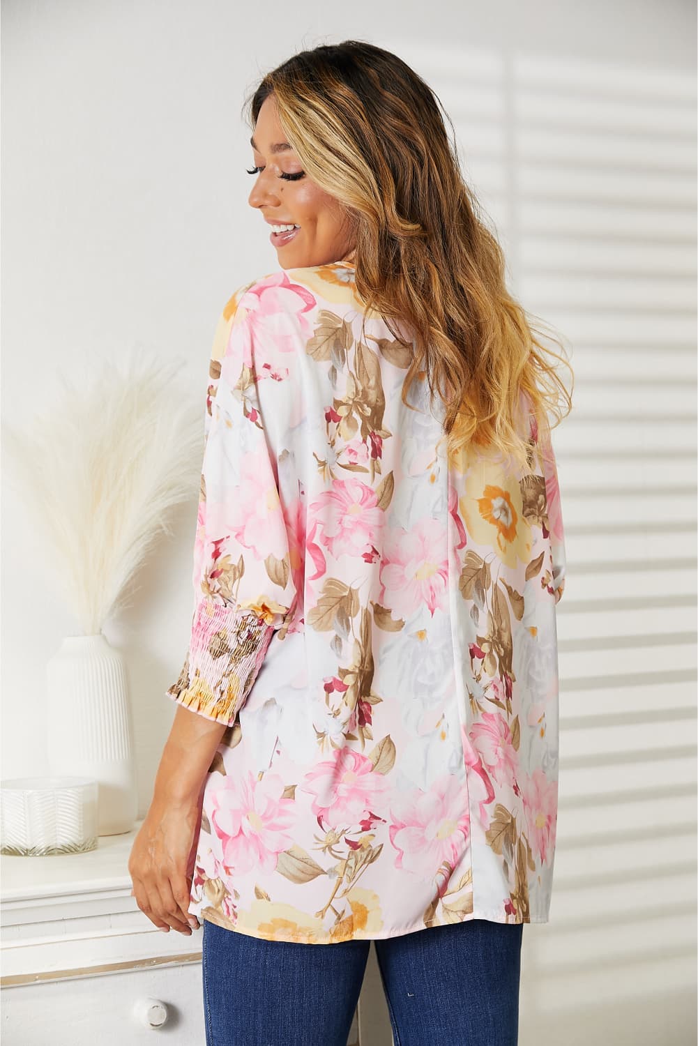 Floral Round Neck Three-Quarter Smocked Sleeve Top