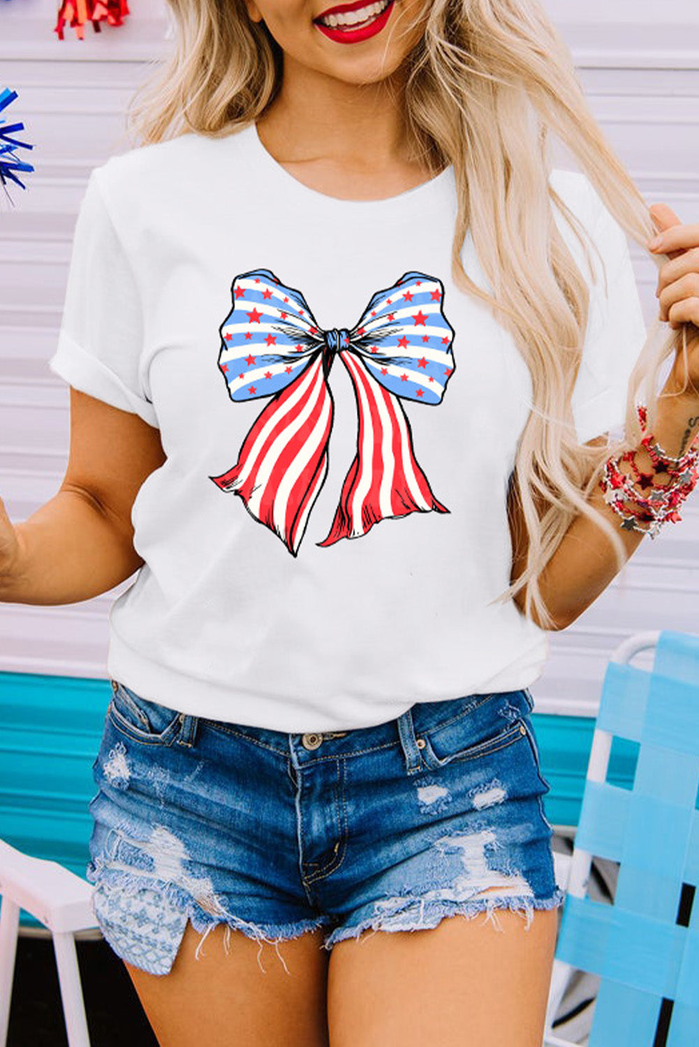 Get the White Stripes & Stars Bowknot T-Shirt for a patriotic touch to your casual style. Perfect for holidays and everyday wear!