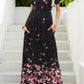 Black maxi dress with whimsical pink and brown butterfly print