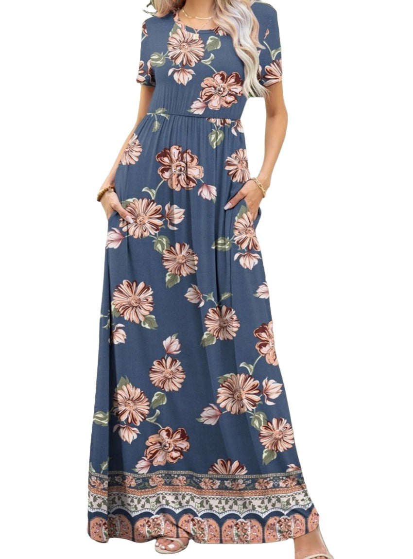 Blue floral print maxi dress with short sleeves and pockets
