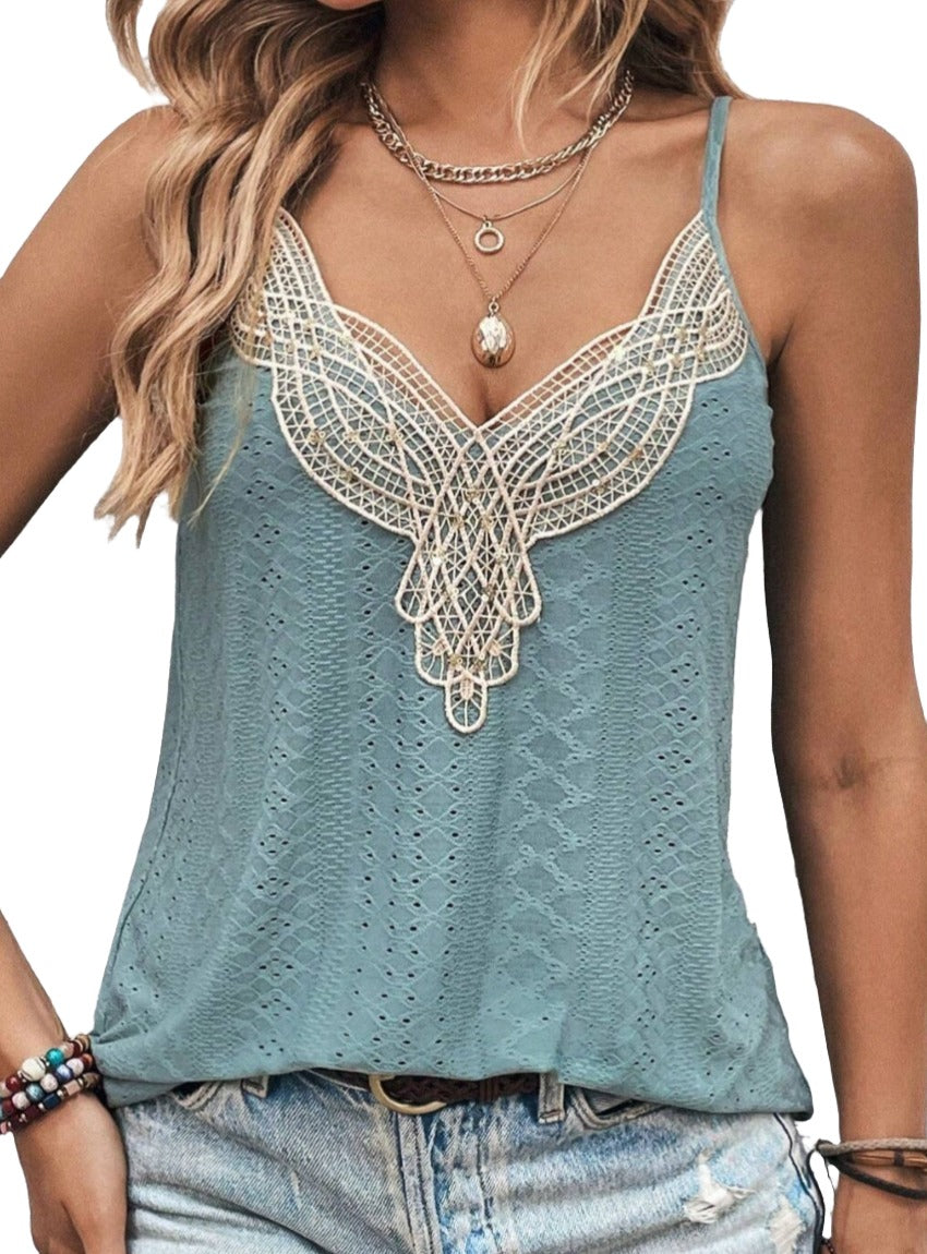 Stylish blue tank top with intricate lace neckline