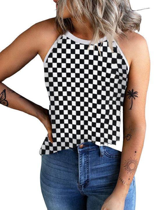 Trendy black and white checkered sleeveless Grecian neck tank top.