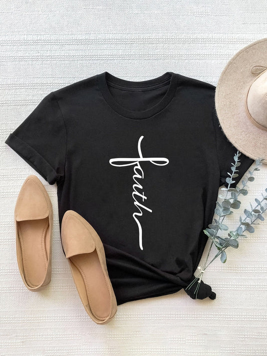 Women's black "Faith" t-shirt with inspirational script design.