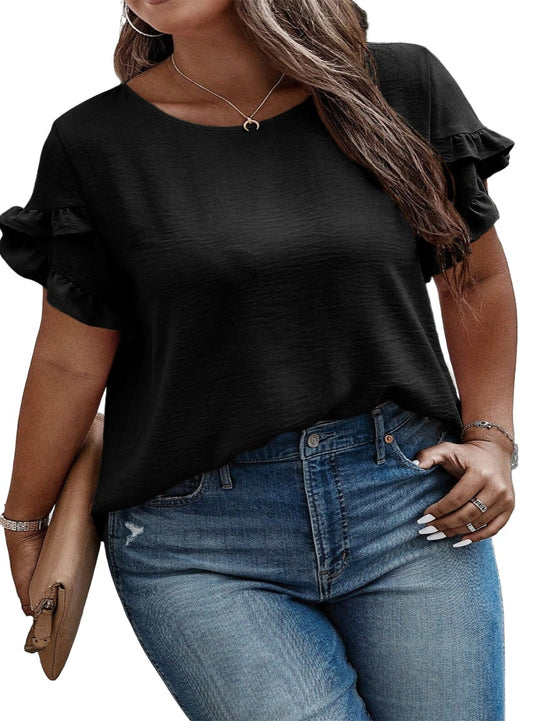 Stylish Plus Size Blouse with elegant ruffles and a comfortable fit, perfect for any occasion. Available in black, charcoal, and deep rose.