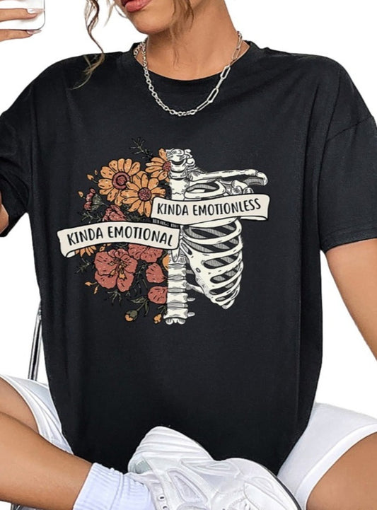 "Kinda Emotional Kinda Emotionless" black t-shirt with vibrant flower and skeleton graphic.