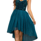 Stunning high-low dress with sparkling sequins, perfect for any elegant occasion. Available in teal, black, and pink. Shine with every step!