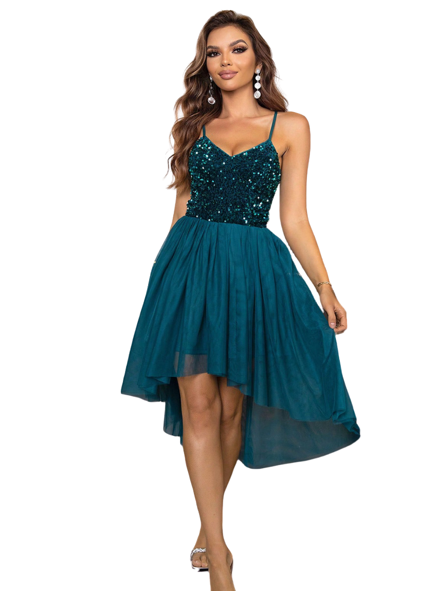 Stunning high-low dress with sparkling sequins, perfect for any elegant occasion. Available in teal, black, and pink. Shine with every step!