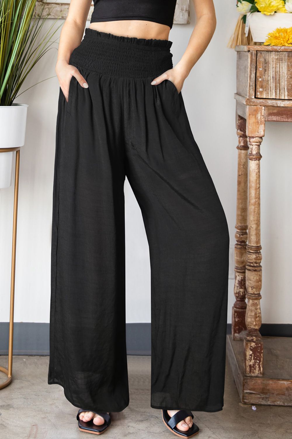 Smocked Waist Wide Leg Black Pants with Pockets