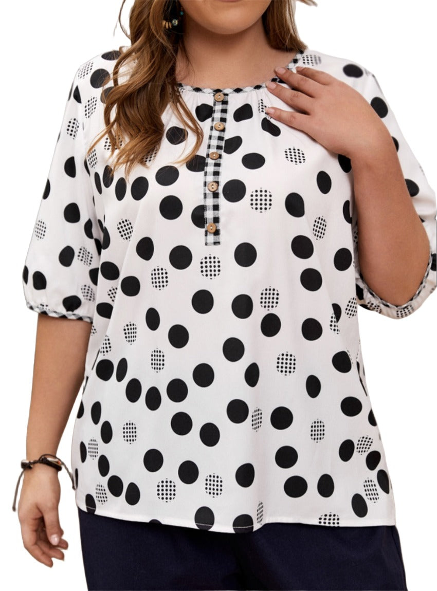 Black and white polka dot half sleeve blouse with checkered button trim