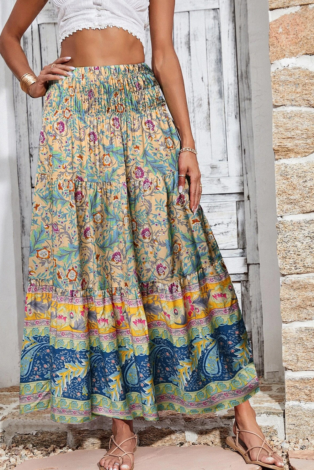 Lightweight, flowy maxi skirt featuring intricate floral designs