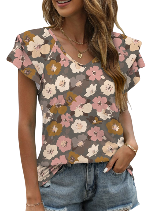 Chic Floral V-Neck Cap Sleeve T-Shirt - a versatile & stylish must-have for every wardrobe, perfect for any casual or dressy occasion