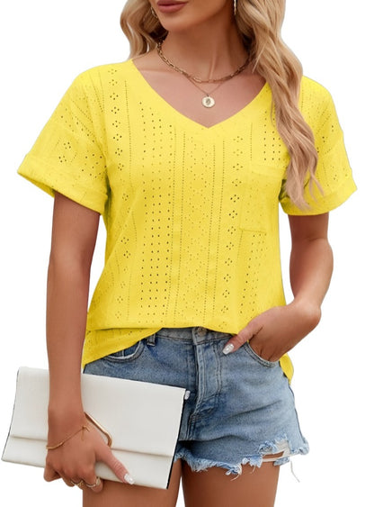 Chic Eyelet V-Neck Tee in 9 shades for versatile style. Perfect for comfort with a touch of elegance. Shop your new favorite
