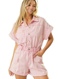 Short-sleeve pink jean romper with button-up front and chest pocket