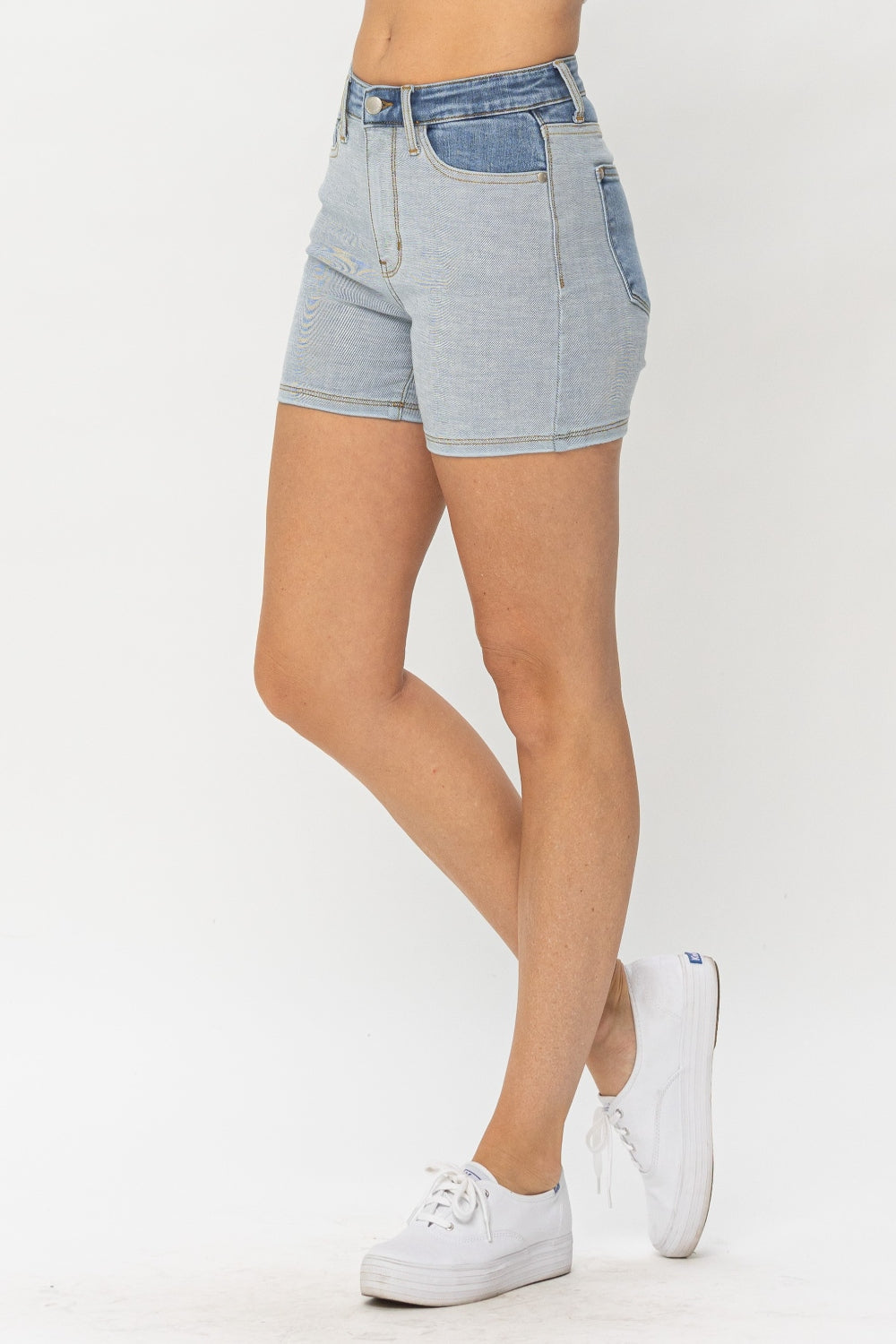 Make a bold statement with Judy Blue's Full Size Color Block Denim Shorts, offering a unique, stylish look with unbeatable comfort for all.