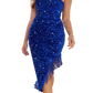 Stunning one-shoulder sequin dress with a playful fringe hem, perfect for any glamorous evening event. Shine bright in blue or black.