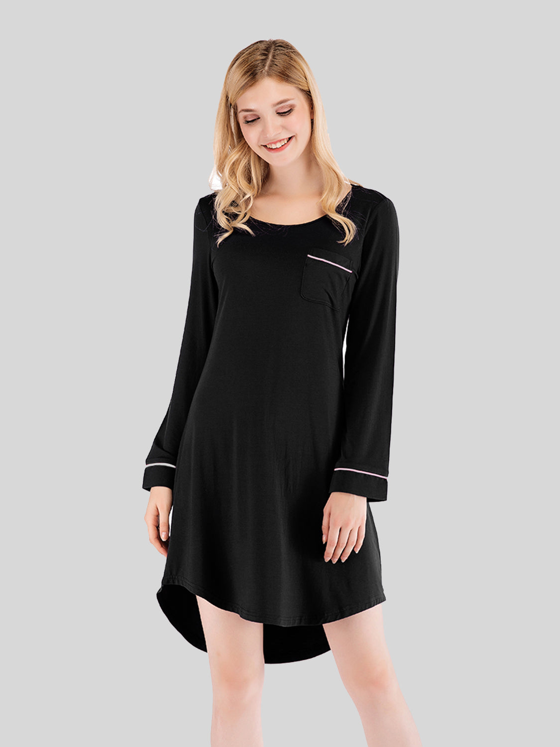 Black nightgown with a relaxed fit and convenient chest pocket.