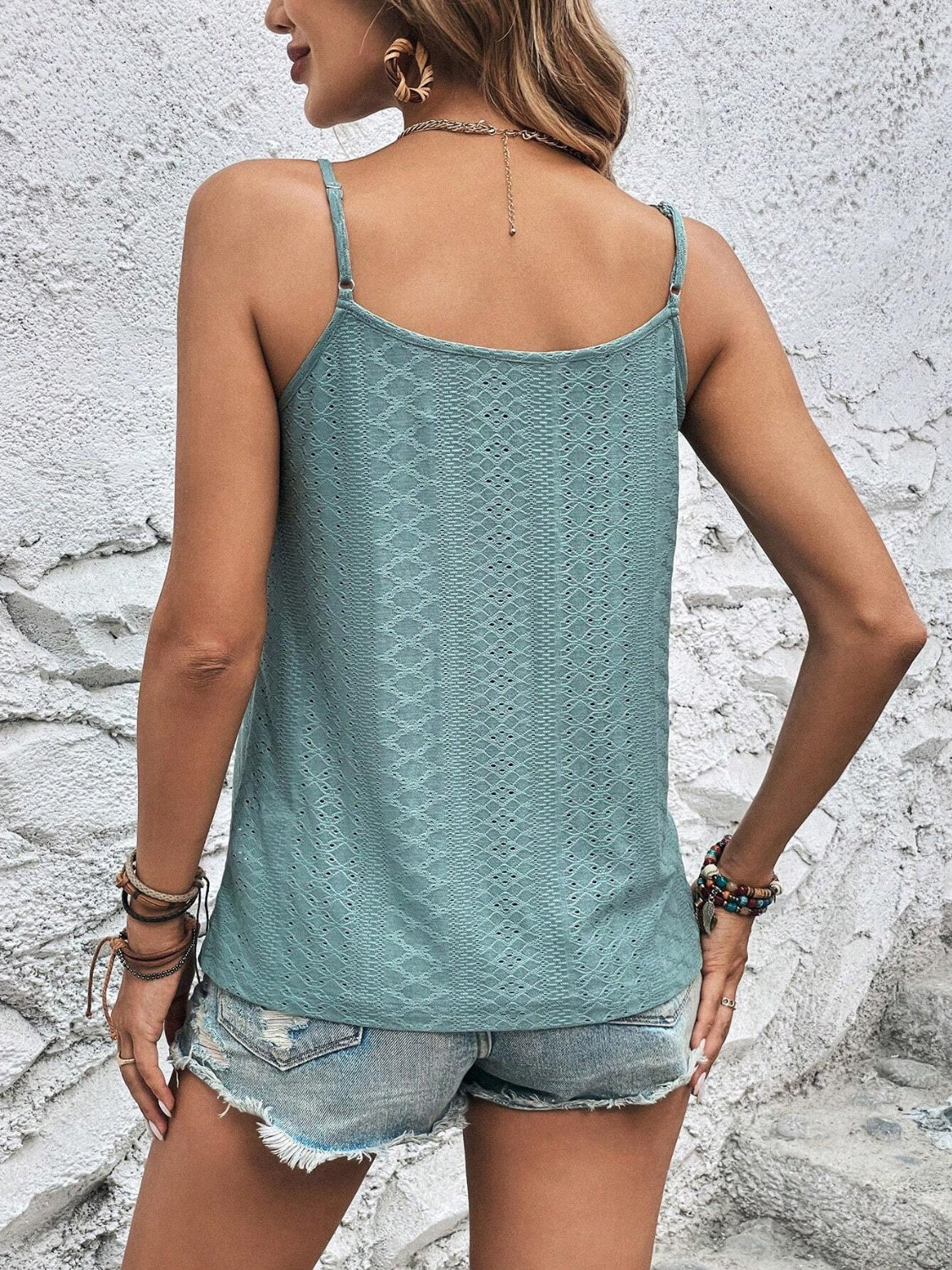 Blue summer tank with lace accents and adjustable straps