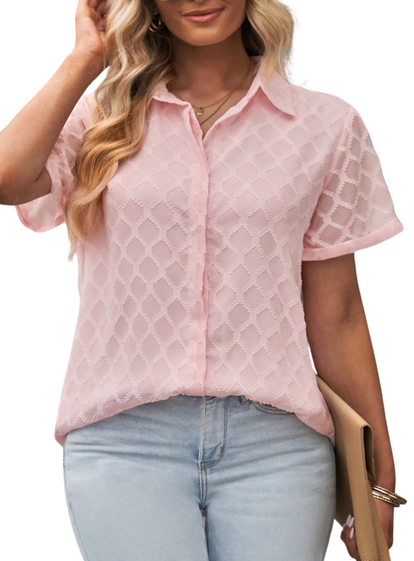 Chic button-up lace shirt in pink & black. Perfect for work or casual wear. Breathable, stylish, and versatile.