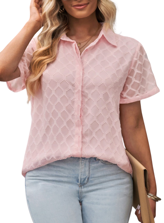 Chic button-up lace shirt in pink & black. Perfect for work or casual wear. Breathable, stylish, and versatile.