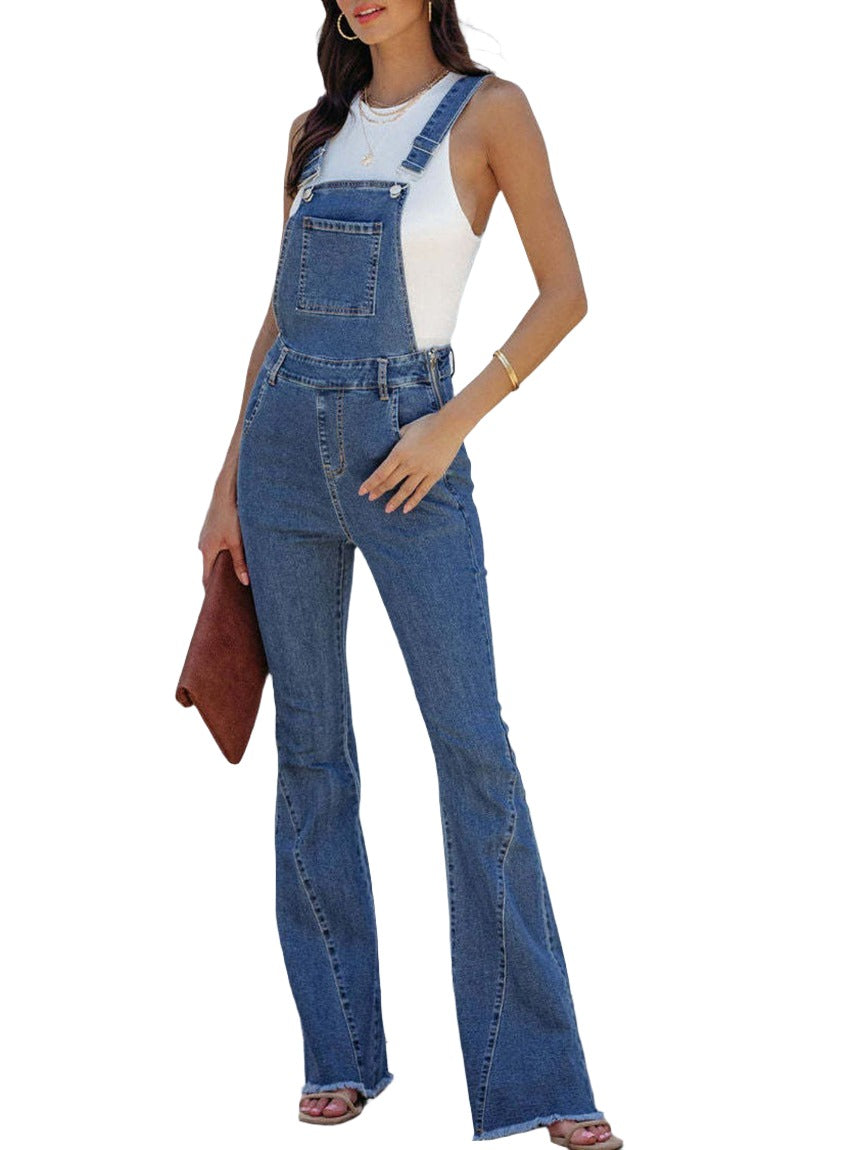 Denim flare overalls with adjustable straps