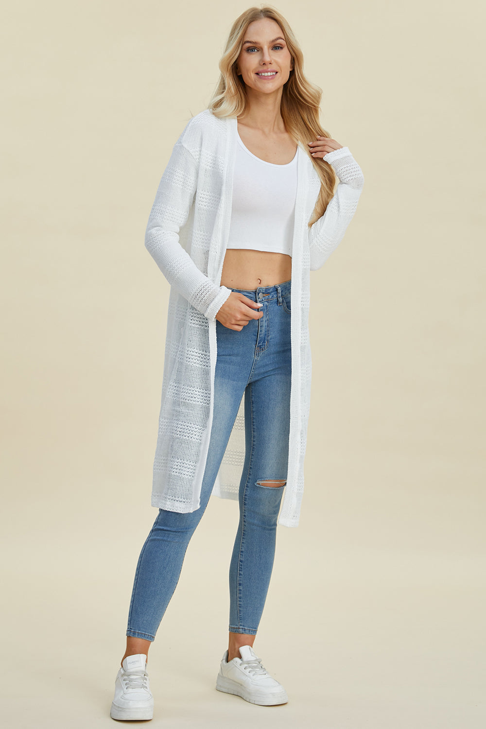 Chic White Open Front Longline Cardigan