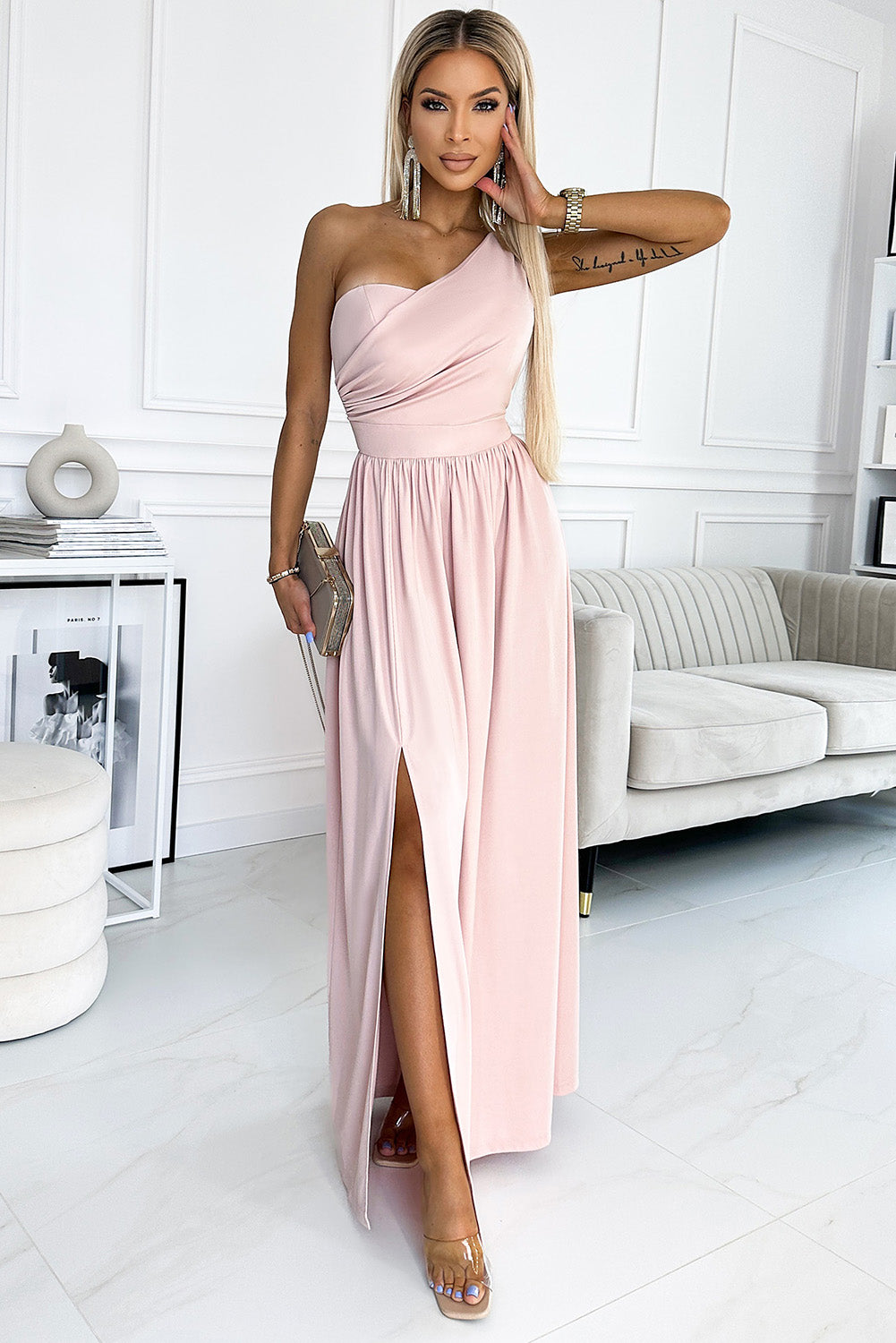 Blush Pink One Shoulder Maxi Dress with Side Slit