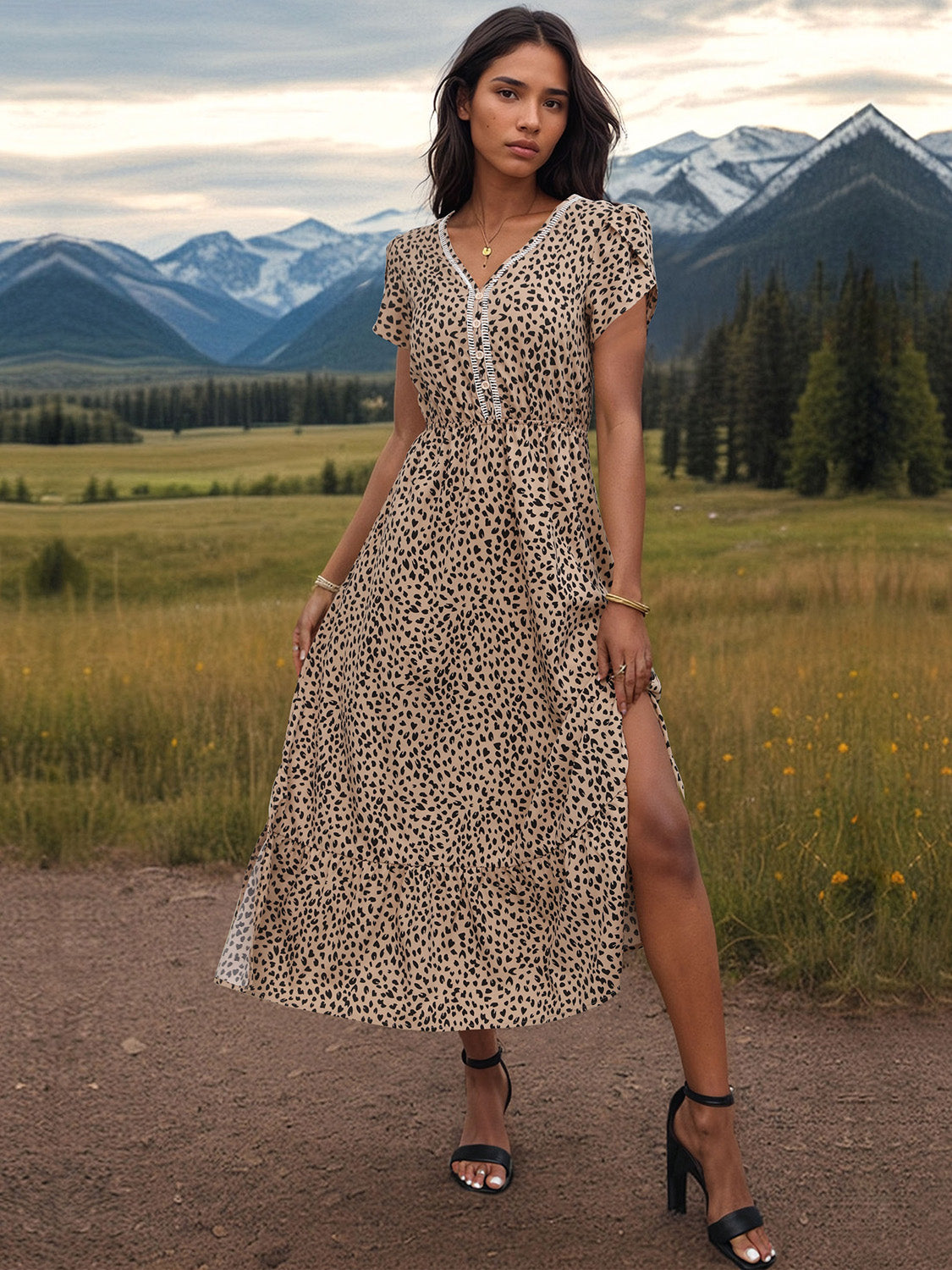 Chic V-Neck Dress with a playful print, elegant slit, and comfy fit for versatile summer styling. Perfect from day to night.
