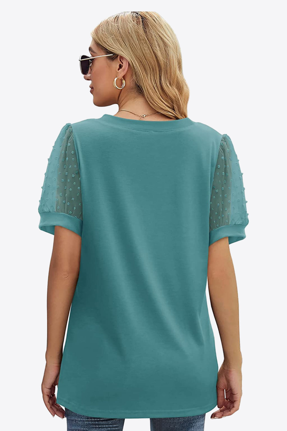 V-Neck Women's T-Shirt with Sheer Swiss Dot Puff Sleeves