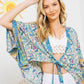 Turquoise kimono with vibrant floral pattern.