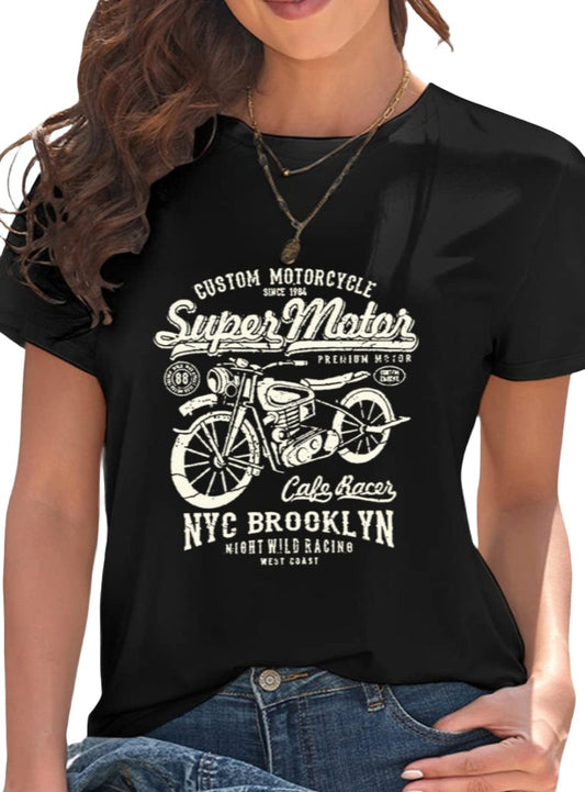 Black Super Motor Graphic Tee with vintage motorcycle print