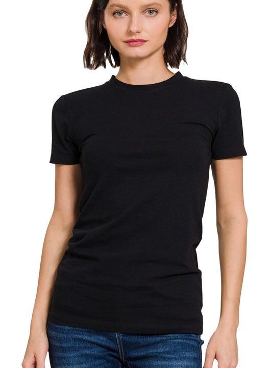 Women's black crew neck tee with a flattering fit