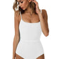 Chic ribbed white bathing suit with a flattering tie waist. Also available in blue, black and yellow for your perfect beach look.