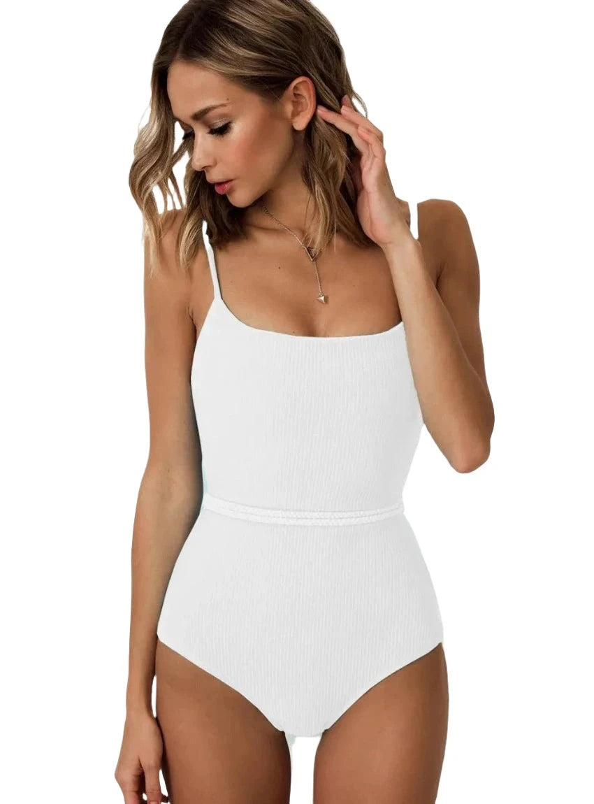 Chic ribbed white bathing suit with a flattering tie waist. Also available in blue, black and yellow for your perfect beach look.
