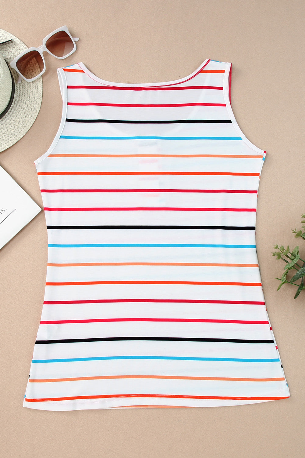 Stay chic with our U-neck Henley Tank Top featuring playful multicolor stripes, perfect for casual outings or sunny days.