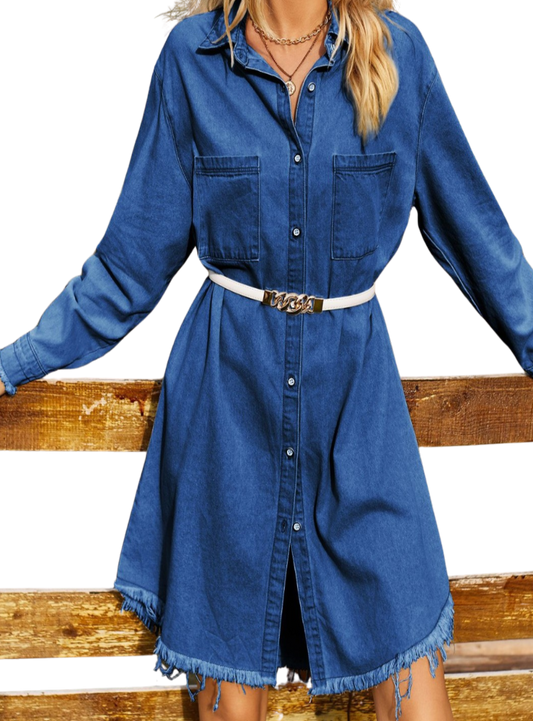 Shop the versatile denim dress with a chic raw hem and flattering waistline—perfect for casual outings and effortless style.