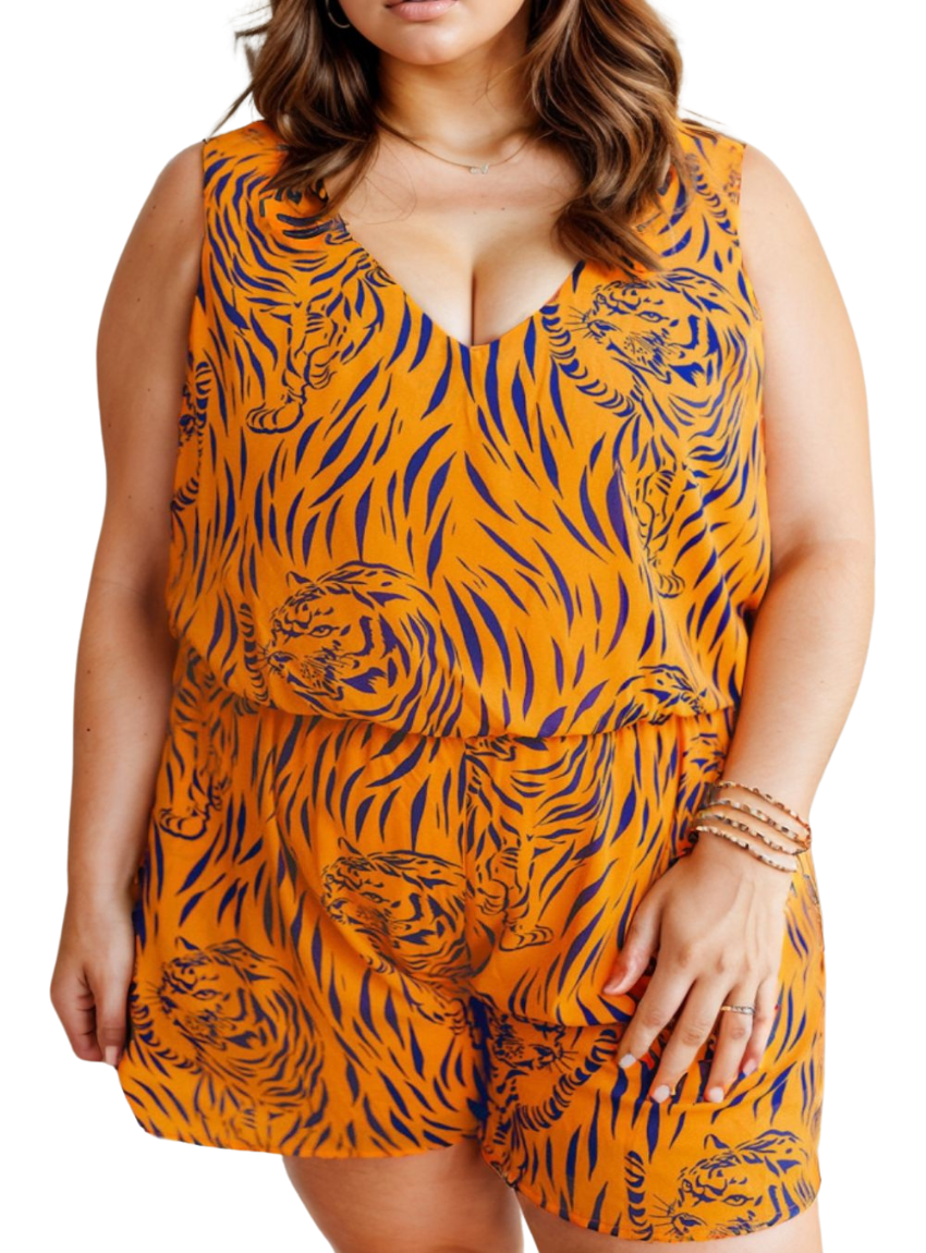 Turn heads in this bold Plus Size Tiger Print Romper. Perfect V-neck fit for a stunning, confident look. Shop now and let your style roar!